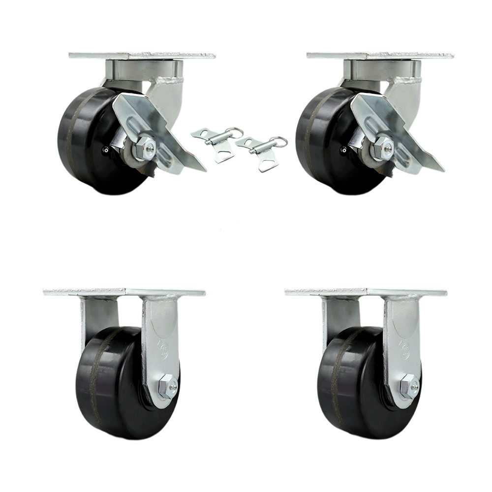 6 Inch Swivel Top Plate Caster Set Extra Heavy Duty Casters with Phenolic Wheels - Includes 2 Swivel with Brakes and Bolt on Swivel Locks and 2 Rigid - Set of 4 - Service Caster Brand — photo 1