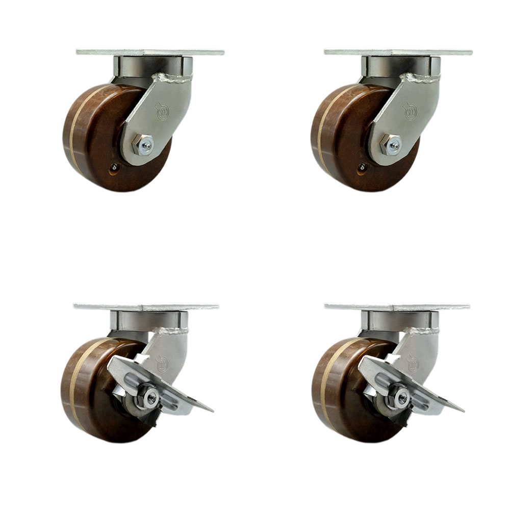 6 Inch Swivel Top Plate Caster Set Extra Heavy Duty Casters with High Temp Phenolic Wheels - Includes 2 Swivel with Brakes and 2 Swivel - Casters Set of 4 Heavy Duty - Service Caster Brand — photo 1
