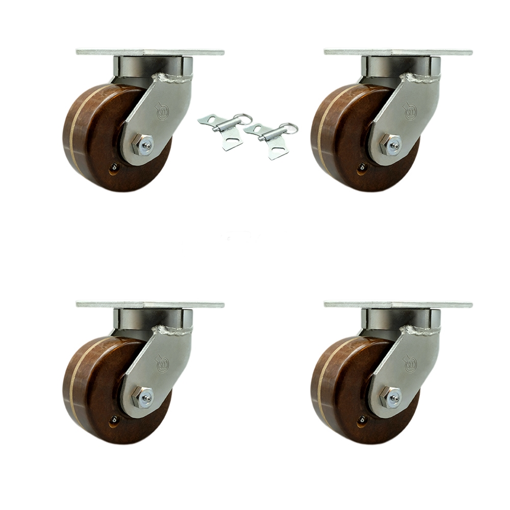 6 Inch Swivel Top Plate Caster Set Extra Heavy Duty Casters with High Temp Phenolic Wheels - Includes 4 Swivel with 2 Bolt on Swivel Locks - Casters Set of 4 Heavy Duty - Service Caster Brand — photo 1