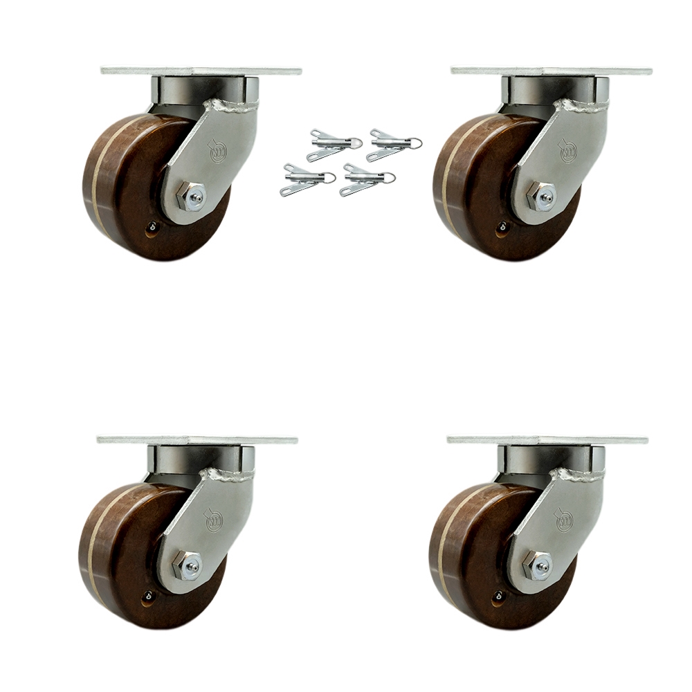 Extra Heavy Duty 6” x 3” High Temperature Phenolic Swivel Caster Set for Cranes, Gantries, Hoists, and Winches - 4 Swivel Casters with Bolt-On Locks-2,000 lbs Per Caster–Set of 4-Service Caster Brand — photo 1