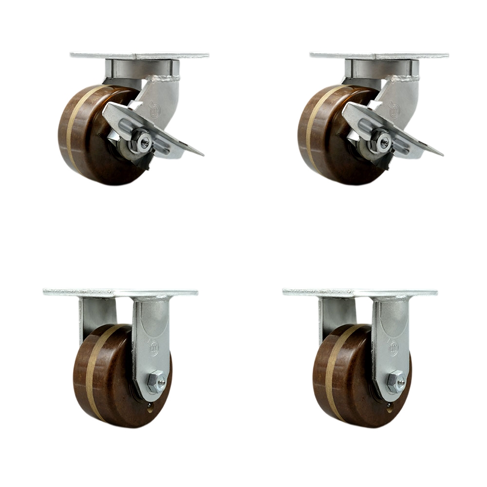 6 Inch Swivel Top Plate Caster Set Extra Heavy Duty Casters with High Temperature Phenolic Wheels - Includes 2 Swivel with Brakes and 2 Rigid - Casters Set of 4 Heavy Duty - Service Caster Brand — photo 1