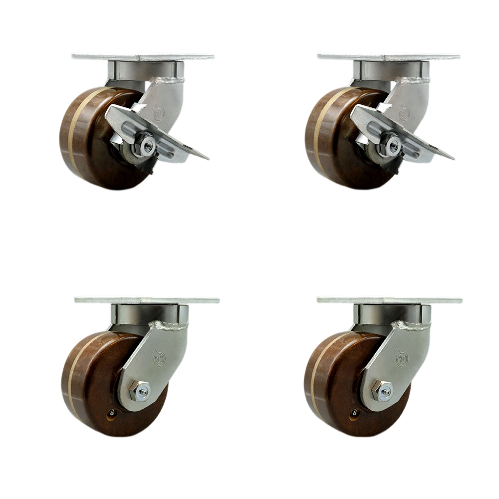 Extra Heavy Duty 6” x 3” High Temp Swivel Caster Set for Cranes, Gantries, Hoists, and Winches - 2 with Brake and Swivel Lock/2 with Swivel Lock - 2,000 lbs Per Caster -Set of 4-Service Caster Brand — photo 1
