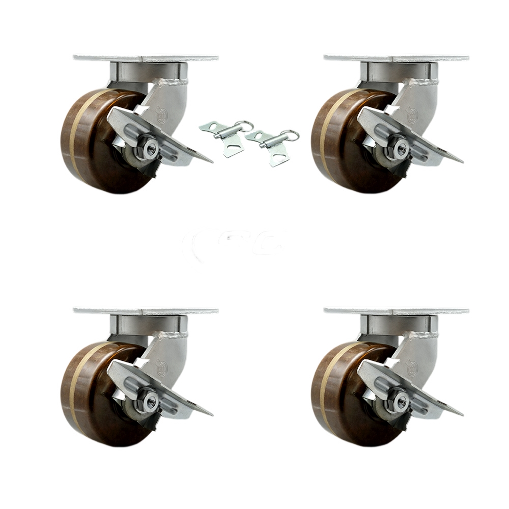 Extra Heavy Duty 6” x 3” High Temp Swivel Caster Set for Cranes, Gantries, Hoists, and Winches - 2 with Brake and Swivel Lock/2 with Brake - 2,000 lbs Per Caster -Set of 4-Service Caster Brand — photo 1