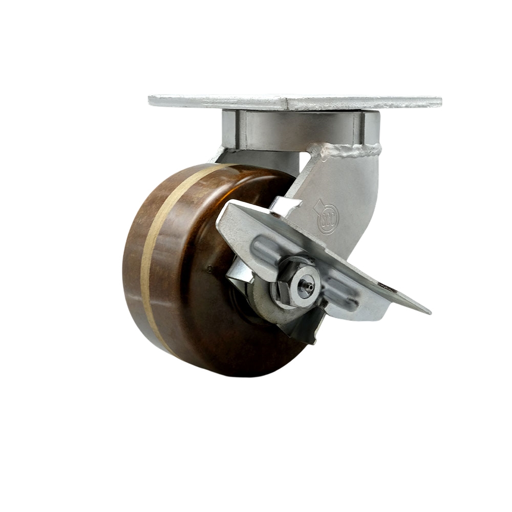 Extra Heavy Duty Kingpinless 6” x 3” High Temperature Phenolic Swivel Caster with Side Lock Brake for Cranes, Gantries, Hoists, and Winches - 2,000 lbs Per Caster - Service Caster Brand — photo 1