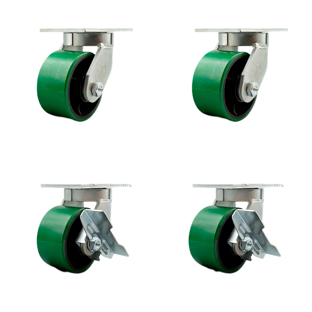 6 Inch Swivel Top Plate Caster Set Extra Heavy Duty Casters with Green Polyurethane on Cast Iron Wheels - Includes 2 Swivel with Brakes and 2 Swivel-Casters Set of 4 Heavy Duty - Service Caster Brand — photo 1