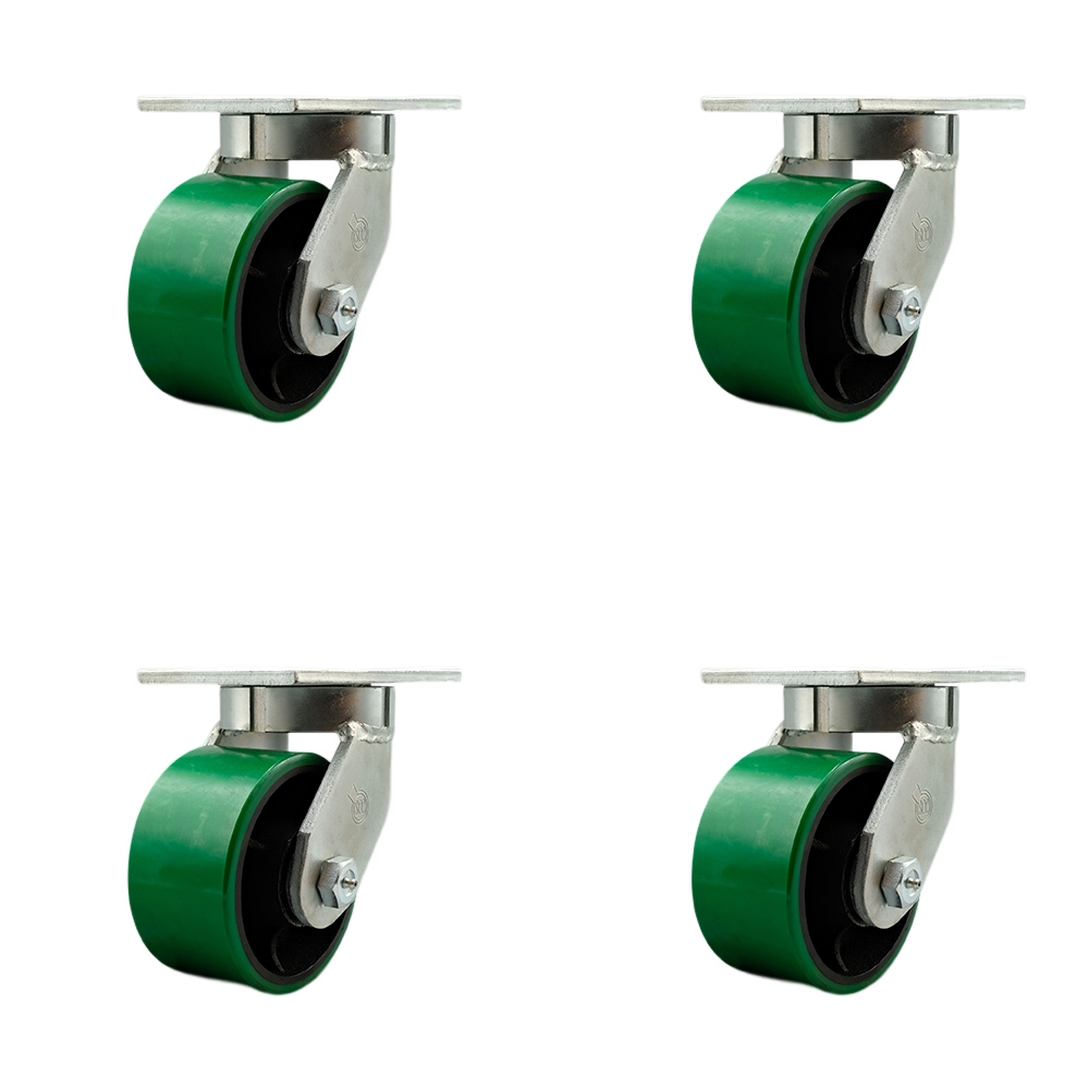 6 Inch Swivel Top Plate Caster Set Extra Heavy Duty Casters with Green Polyurethane on Cast Iron Wheels-Includes 4 Swivel-Casters Set of 4 Heavy Duty-8,000 lbs. Total Capacity - Service Caster Brand — photo 1