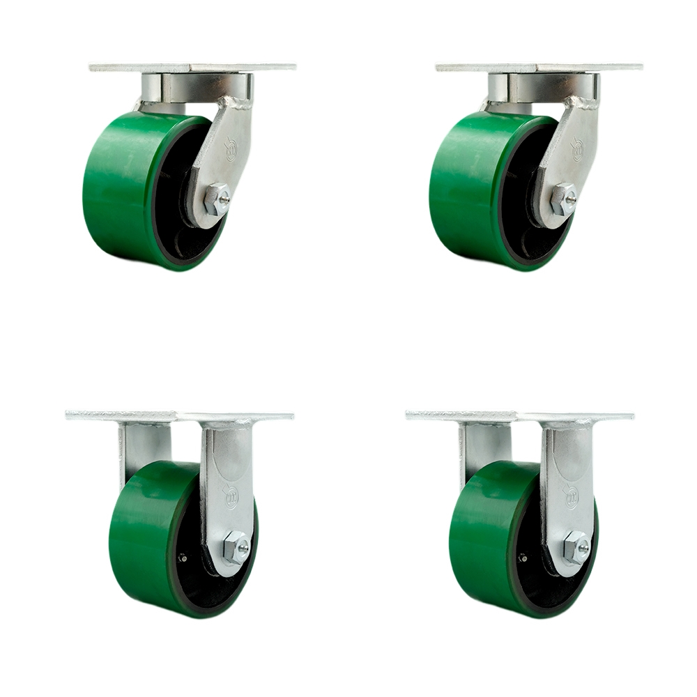 6 Inch Swivel Top Plate Caster Set Extra Heavy Duty Casters with Green Poly on Cast Iron Wheels-Include 2 Swivel with Bolt on Swivel Locks and 2 Rigid-Casters Set of 4 Heavy Duty-Service Caster Brand — photo 1