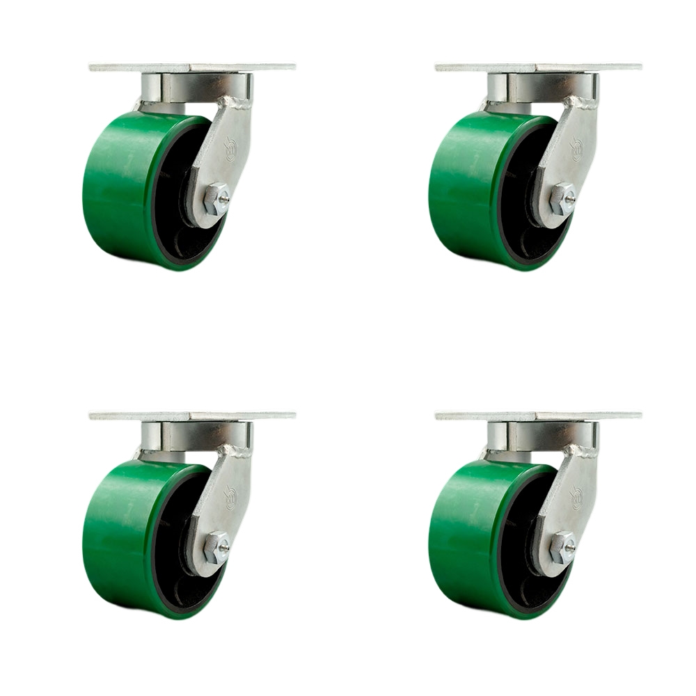 6 Inch Swivel Top Plate Caster Set Extra Heavy Duty Casters with Green Polyurethane on Cast Iron Wheels-Includes 4 Swivel with 2 Bolt on Swivel Locks-Casters Set of 4 Heavy Duty- Service Caster Brand — photo 1