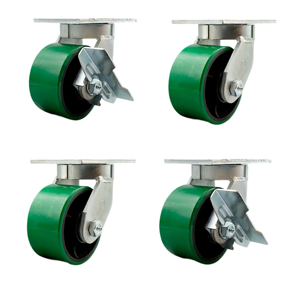 6 Inch Swivel Top Plate Caster Set Extra Heavy Duty Casters with Green Poly on Cast Iron Wheels - Includes 2 Swivel with Bolt on Swivel Locks and 2 Swivel with Brakes -Set of 4 - Service Caster Brand — photo 1