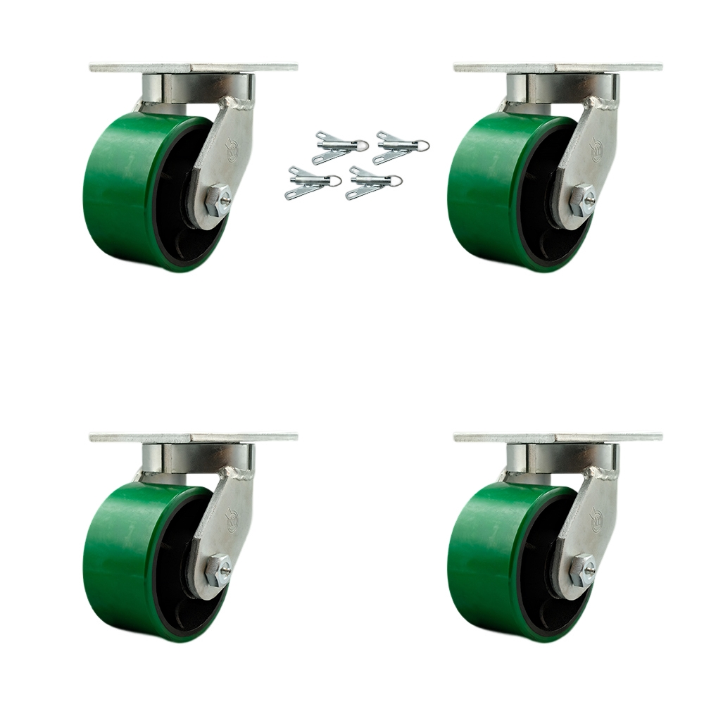 Extra Heavy Duty 6” x 3” Green Poly on Cast Iron Swivel Caster Set for Cranes, Gantries, Hoists, and Winches - 4 Swivel Casters with Bolt-On Locks -2,000 lbs Per Caster-Set of 4- Service Caster Brand — photo 1