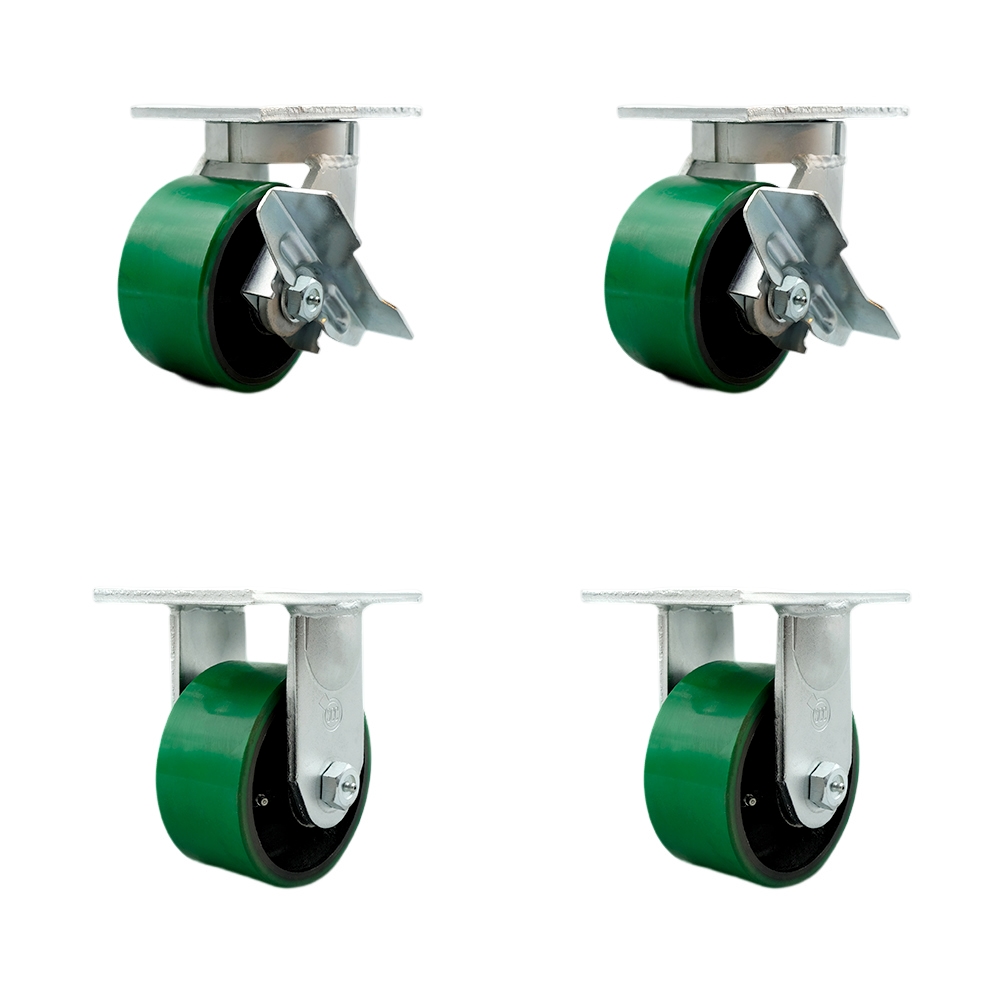 6 Inch Swivel Top Plate Caster Set Extra Heavy Duty Casters with Green Polyurethane on Cast Iron Wheels - Includes 2 Swivel with Brakes and 2 Rigid - Casters Set of 4 Heavy Duty- Service Caster Brand — photo 1