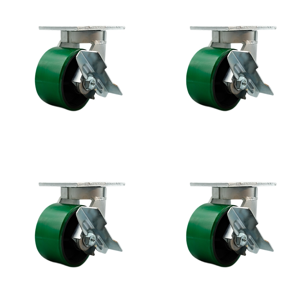 Extra Heavy Duty 6” x 3” Green Poly on Cast Iron Swivel Caster Set for Cranes, Gantries, Hoists, and Winches-4 Swivel with Brakes and Bolt-On Locks-2,000 lbs Per Caster-Set of 4- Service Caster Brand — photo 1
