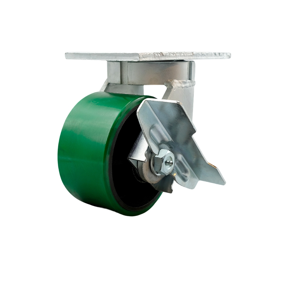 Extra Heavy Duty Kingpinless 6” x 3” Green Poly on Cast Iron Swivel Caster with Bolt on Swivel Lock and Brake for Cranes, Gantries, Hoists, and Winches – 2,000 lbs Per Caster - Service Caster Brand — photo 1
