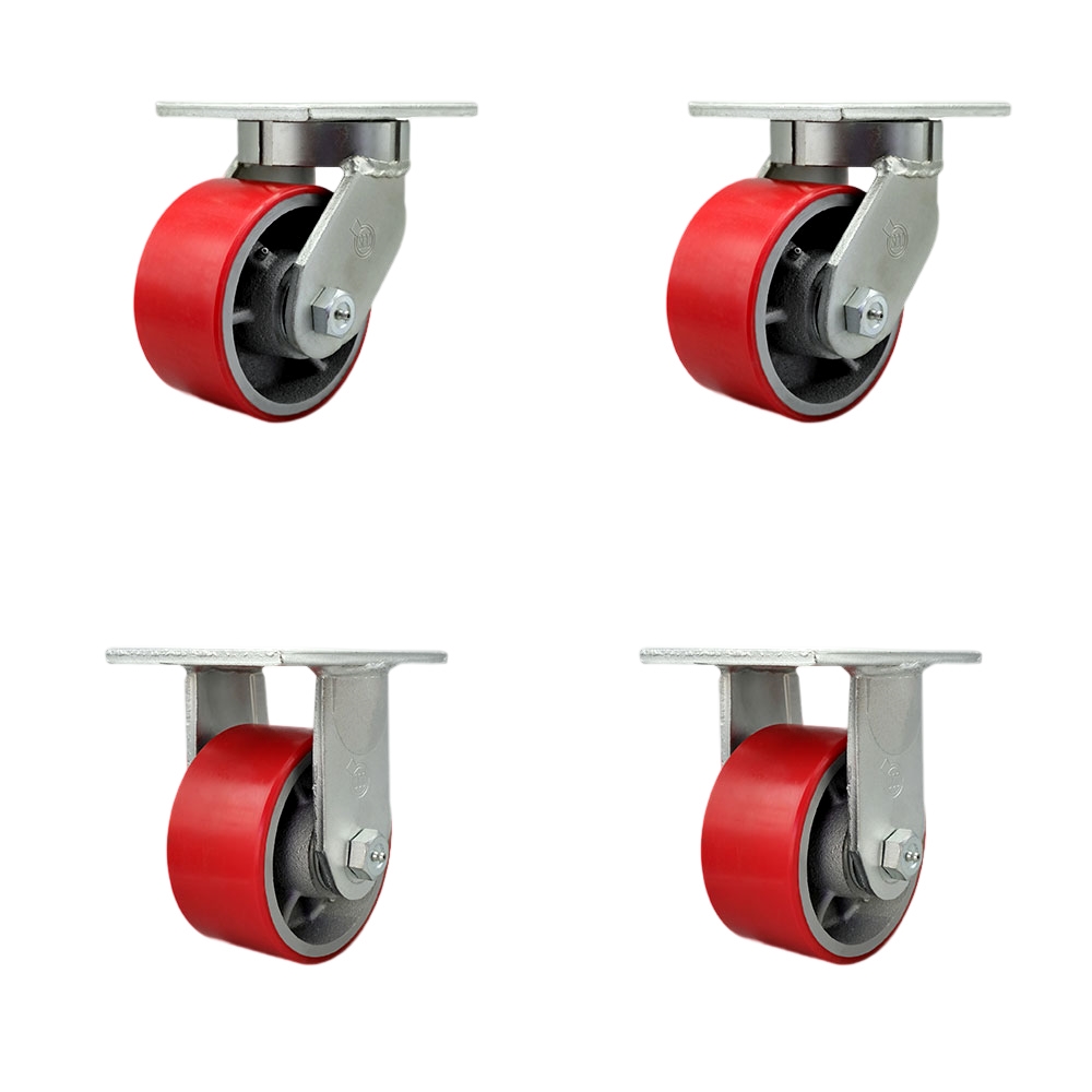 Extra Heavy Duty Kingpinless 6”x3” Red Poly on Cast Iron Swivel Caster Set for Cranes, Gantries, Hoists, and Winches-2 Swivel and 2 Rigid Casters-2,000lbs Per Caster-Set of 4-Service Caster Brand — photo 1
