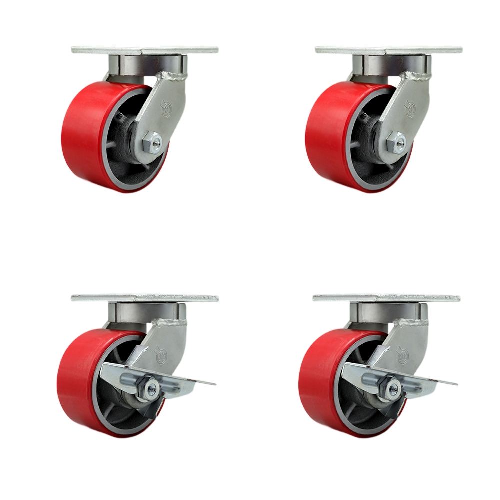 Extra Heavy Duty 6” x 3” Red Poly on Cast Iron Swivel Caster Set for Cranes, Gantries, Hoists, and Winches - 4 Swivel with 2 Side Lock Brakes -2,000 lbs Per Caster–Set of 4 - Service Caster Brand — photo 1