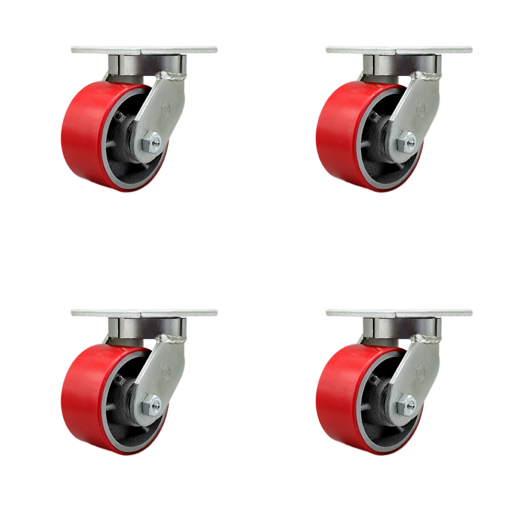 Extra Heavy Duty 6” x 3” Red Polyurethane on Cast Iron Swivel Caster Set for Cranes, Gantries, Hoists, and Winches - 4 Swivel Casters – 2,000 lbs Per Caster – Set of 4 - Service Caster Brand — photo 1