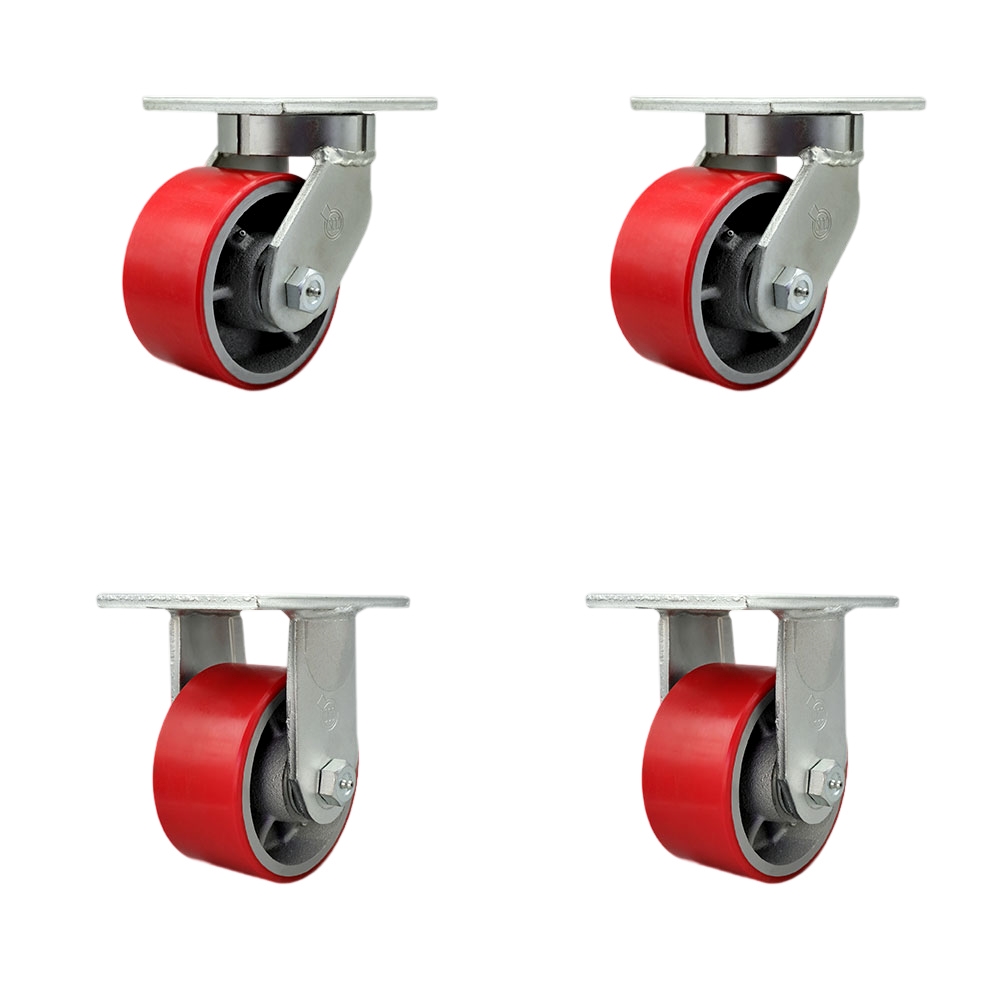 6 Inch Swivel Top Plate Caster Set Extra Heavy Duty Casters with Red Poly on Cast Iron Wheels-Include 2 Swivel with Bolt on Swivel Locks and 2 Rigid-Casters Set of 4 Heavy Duty-Service Caster Brand — photo 1