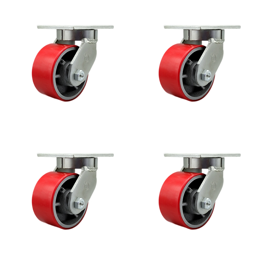 Extra Heavy Duty 6” x 3” Red Poly on Cast Iron Swivel Caster Set for Cranes, Gantries, Hoists, and Winches-4 Swivel with 2 Bolt on Swivel Locks-2,000 lbs Per Caster–Set of 4-Service Caster Brand — photo 1