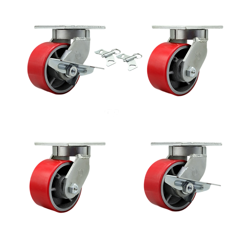 6 Inch Swivel Top Plate Caster Set Extra Heavy Duty Casters with Red Poly on Cast Iron Wheels - Includes 2 Swivel with Bolt on Swivel Locks and 2 Swivel with Brakes -Set of 4 - Service Caster Brand — photo 1