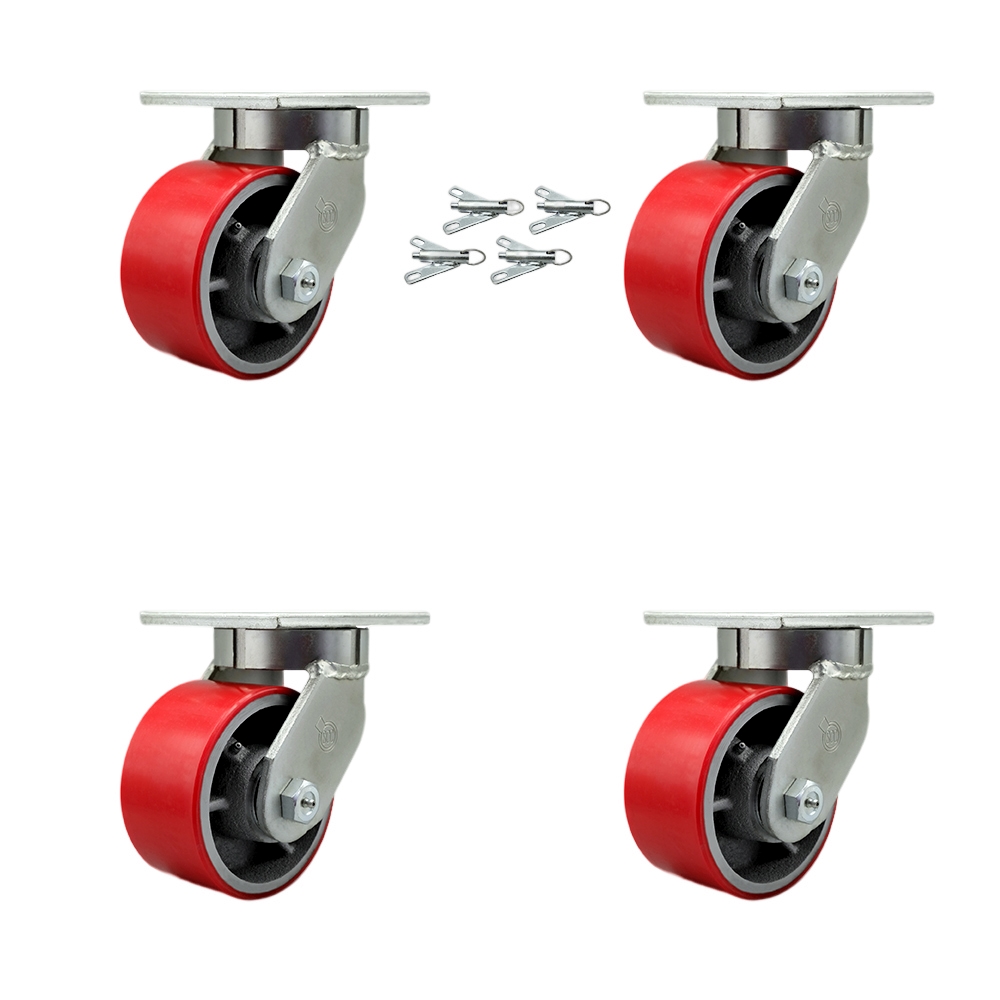 6 Inch Swivel Top Plate Caster Set Extra Heavy Duty Casters with Red Polyurethane on Cast Iron Wheels - Includes 4 Swivel with Bolt on Swivel Locks-Casters Set of 4 Heavy Duty- Service Caster Brand — photo 1