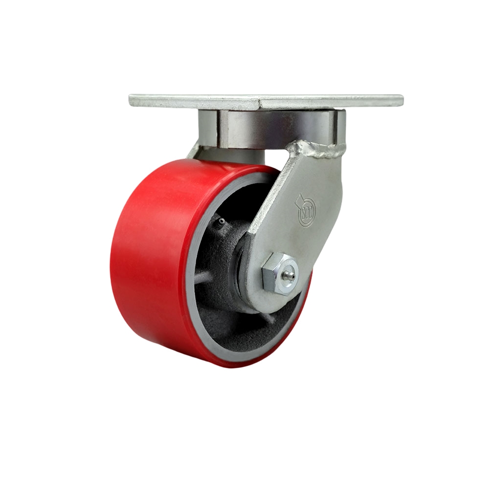 Extra Heavy Duty Kingpinless 6” x 3” Red Polyurethane on Cast Iron Swivel Caster with Bolt on Swivel Lock for Cranes, Gantries, Hoists, and Winches – 2,000 lbs Per Caster - Service Caster Brand — photo 1