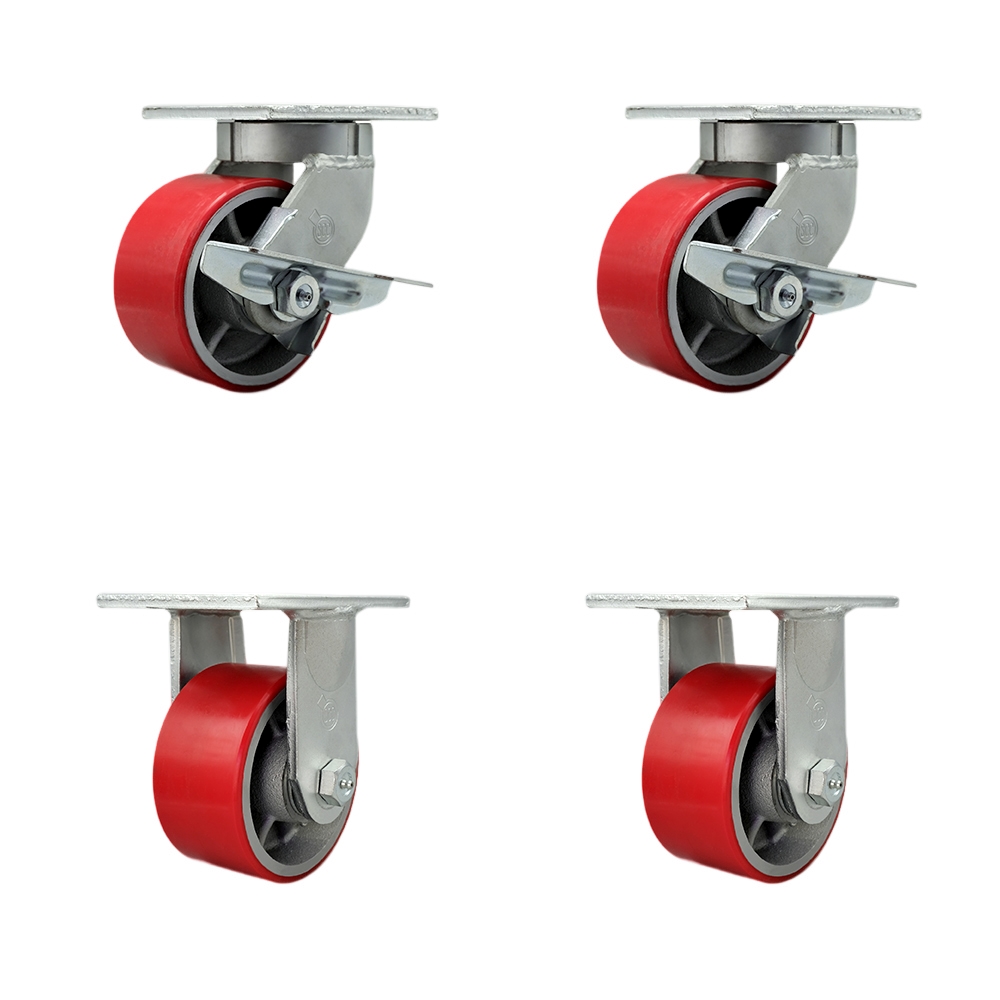Extra Heavy Duty 6”x3” Red Poly on Cast Iron Swivel Caster Set for Cranes, Gantries, Hoists, and Winches-2 Swivel with Side Lock Brakes and 2 Rigid-2,000lbs Per Caster-Set of 4-Service Caster Brand — photo 1