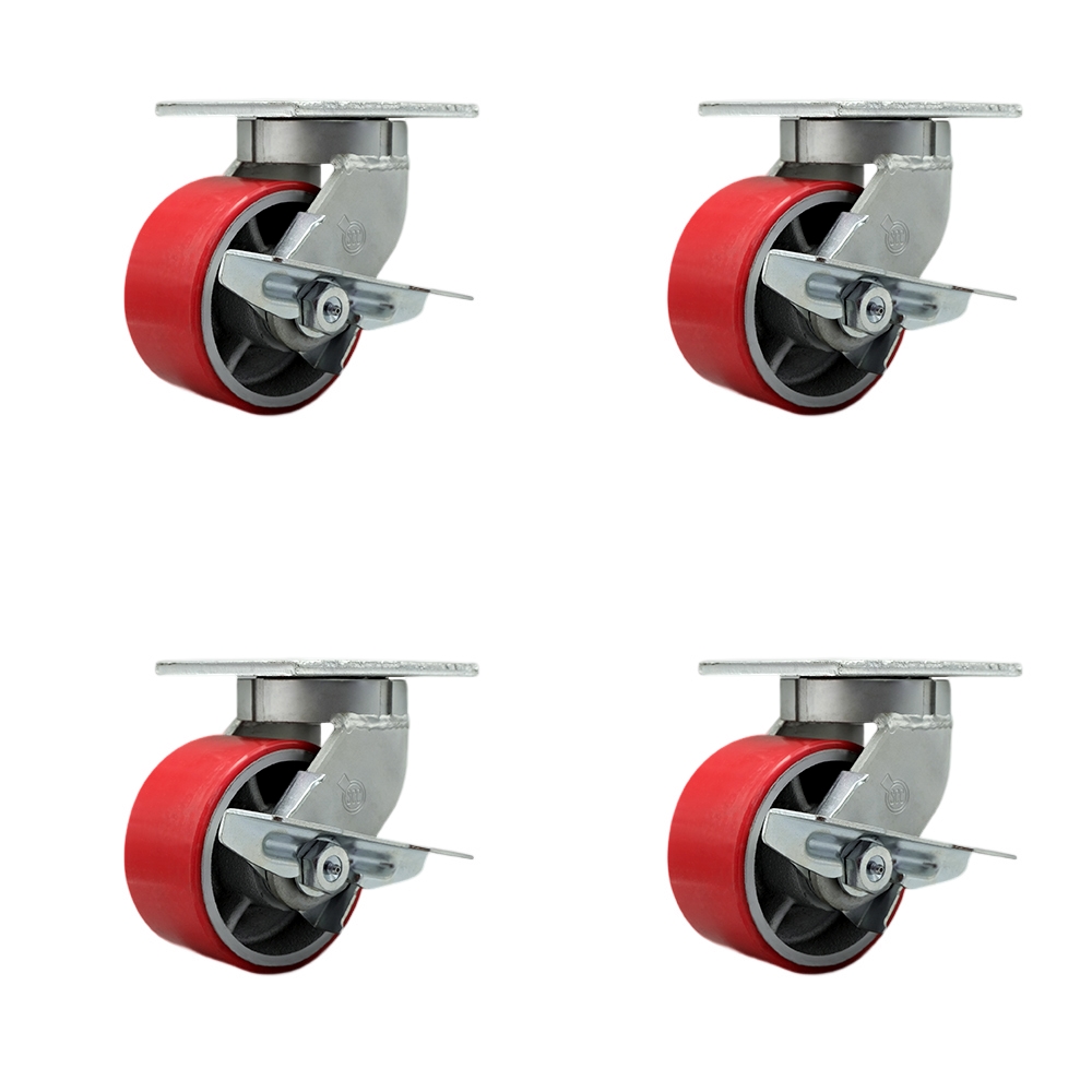 Extra Heavy Duty 6” x 3” Red Poly on Cast Iron Swivel Caster Set for Cranes, Gantries, Hoists, and Winches-4 Swivel Casters with Side Lock Brakes-2,000 lbs Per Caster-Set of 4- Service Caster Brand — photo 1