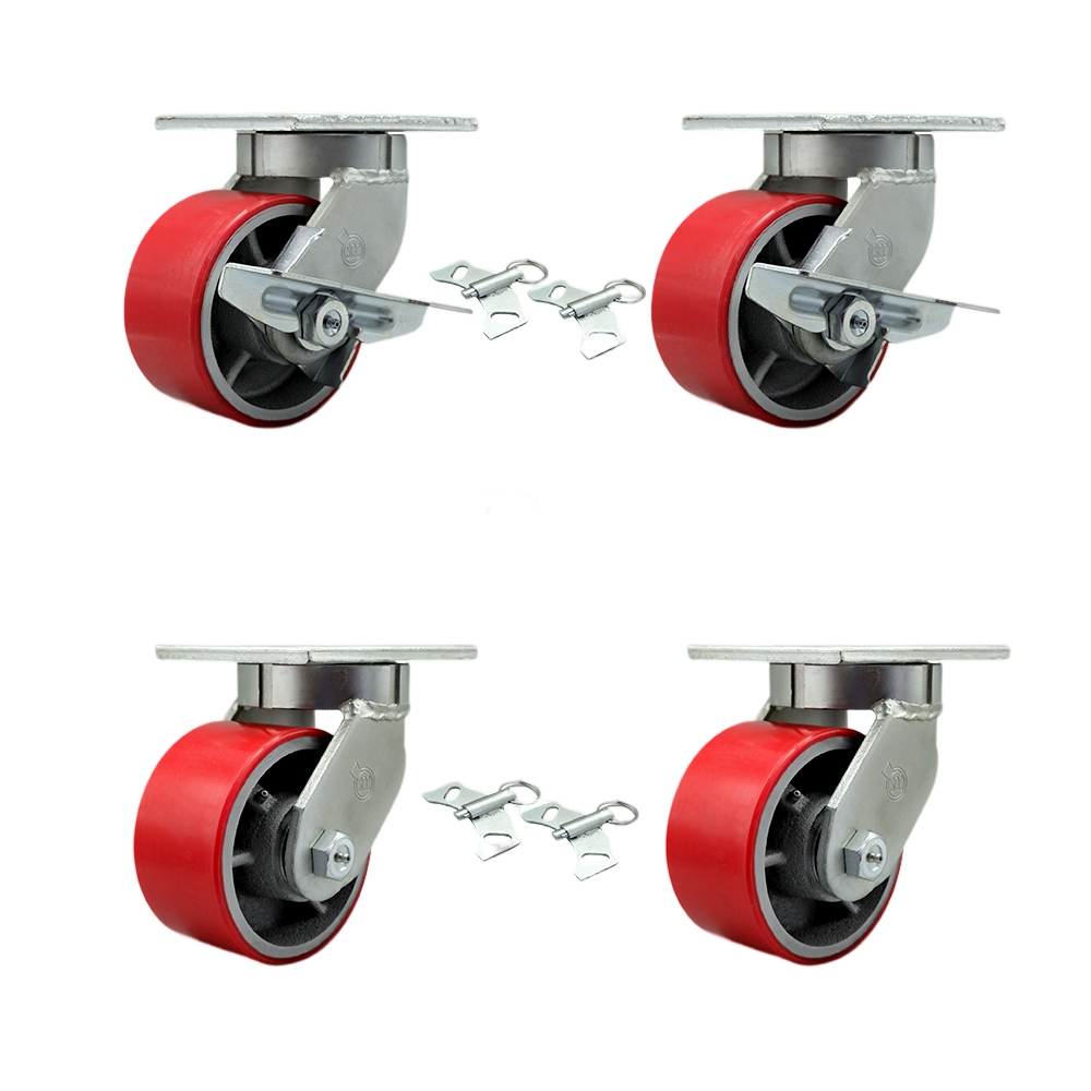 6 Inch Swivel Top Plate Caster Set Extra Heavy Duty Casters with Red Poly on Cast Iron Wheel-Include 2 Swivel w/Brake and Bolt on Swivel Lock and 2 Swivel w/Bolt on Swivel Lock-Service Caster Brand — photo 1
