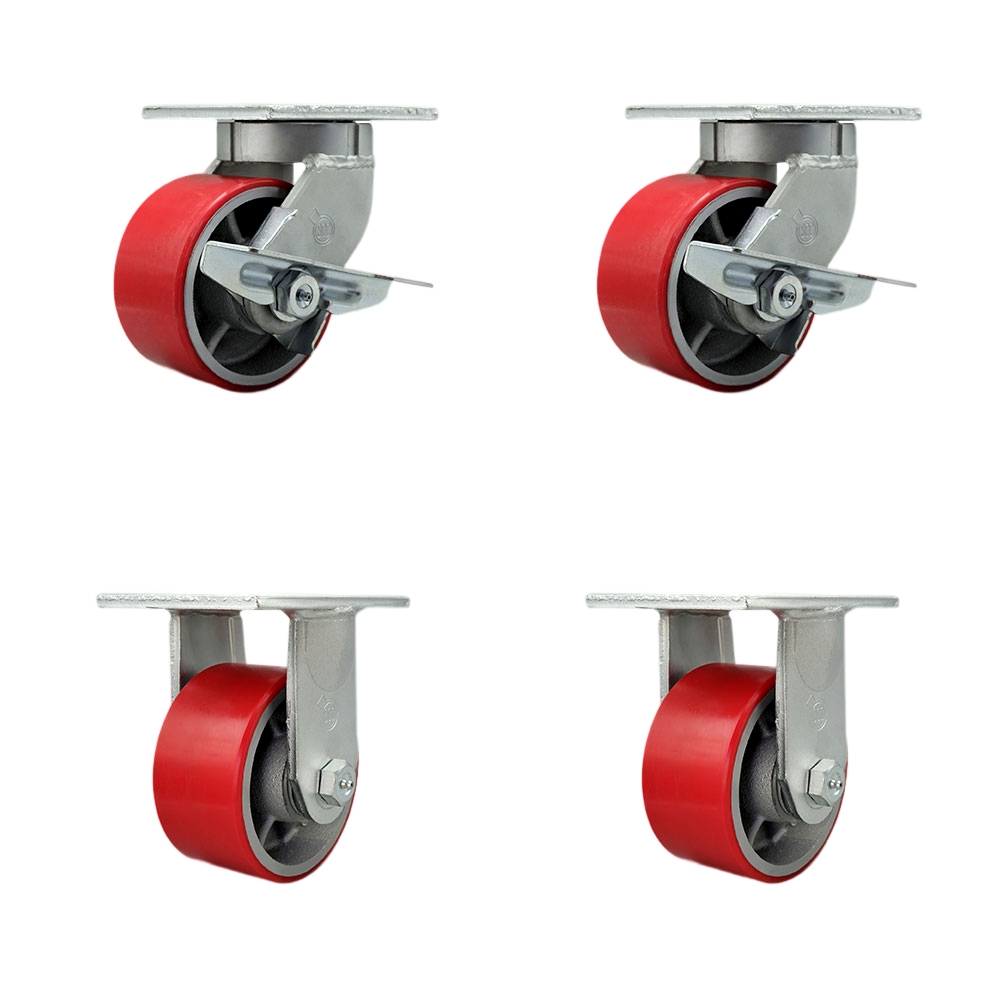 6 Inch Swivel Top Plate Caster Set Extra Heavy Duty Casters with Red Poly on Cast Iron Wheels - Includes 2 Swivel with Brakes and Bolt on Swivel Locks and 2 Rigid - Set of 4 - Service Caster Brand — photo 1