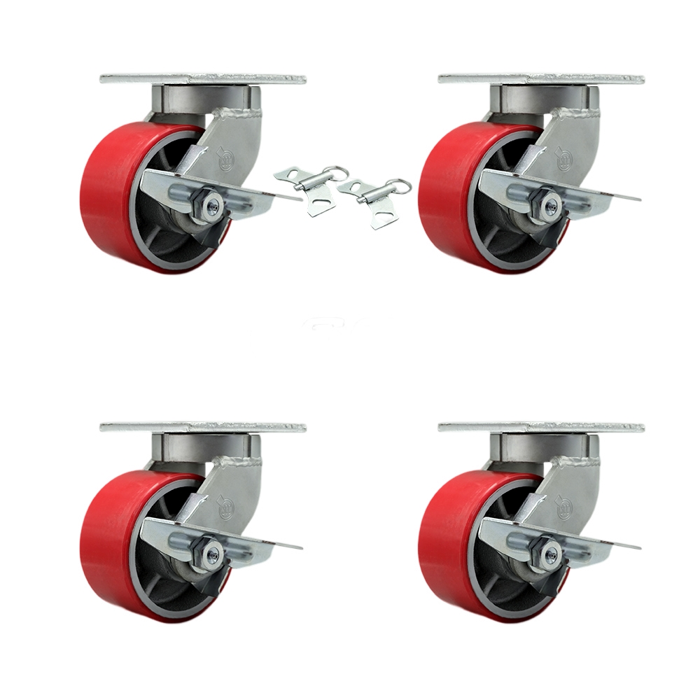 Extra Heavy Duty 6” x 3” Red Poly on Cast Iron Swivel Caster Set for Cranes, Gantries, Hoists,and Winches-2 with Brake and Swivel Lock/2 with Brake-2,000lbs Per Caster-Set of 4-Service Caster Brand — photo 1