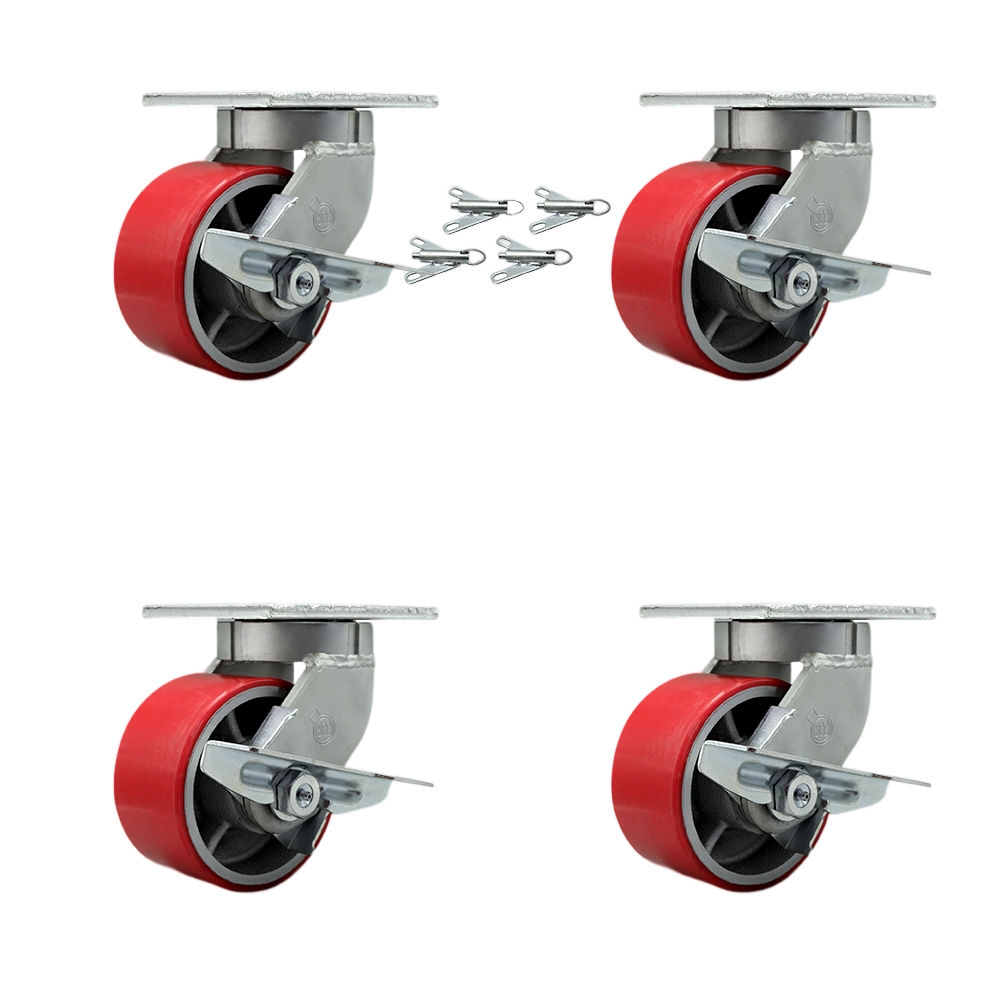6 Inch Swivel Top Plate Caster Set Extra Heavy Duty Casters with Red Polyurethane on Cast Iron Wheels-Includes 4 Swivel with Top Lock Brakes and Bolt on Swivel Locks-Set of 4 - Service Caster Brand — photo 1