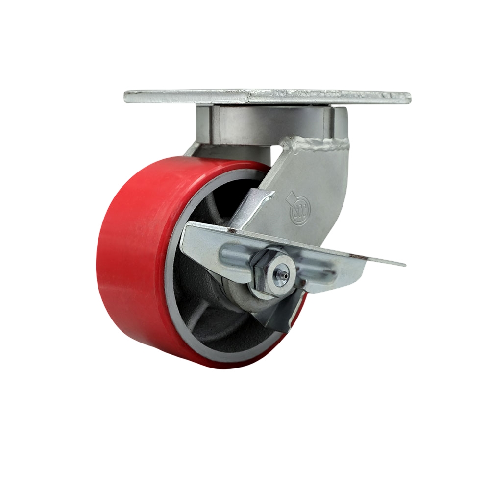 6 Inch Swivel Top Plate Extra Heavy Duty Caster with Red Polyurethane on Cast Iron Wheel and Brake and Bolt on Swivel Lock - Heavy Duty Caster Wheel-2,000 lbs. Capacity/Caster- Service Caster Brand — photo 1