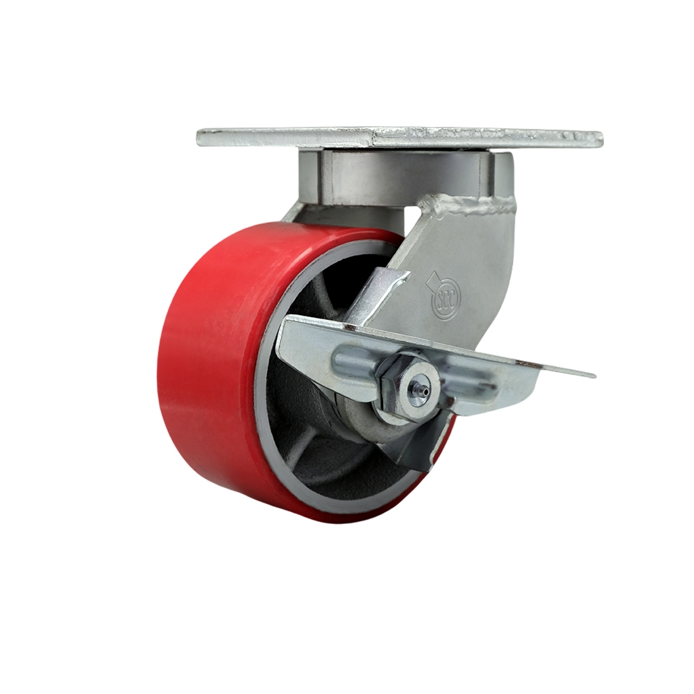 6 Inch Swivel Top Plate Extra Heavy Duty Caster with Red Poly on Cast Iron Wheel and Side Lock Brake- Heavy Duty Caster Wheel - Industrial Caster - 2,000 lbs. Capacity/Caster - Service Caster Brand — photo 1