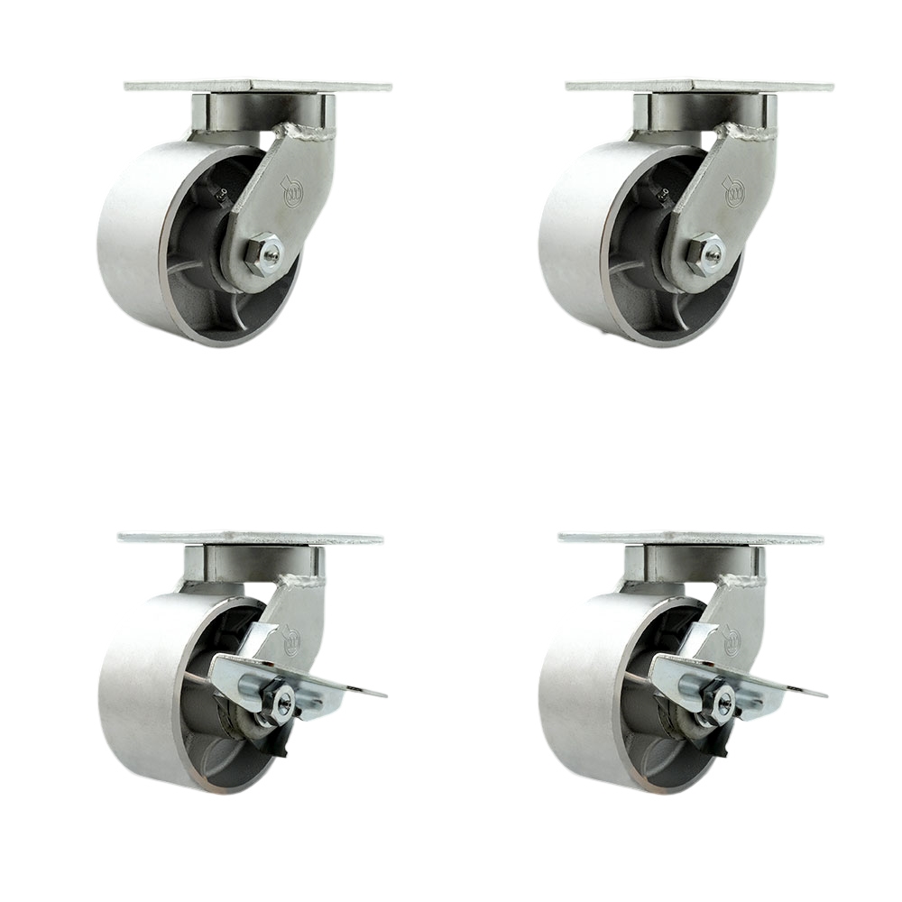 6 Inch Swivel Top Plate Caster Set Extra Heavy Duty Casters with Semi Steel Cast Iron Wheels - Includes 2 Swivel with Brakes and 2 Swivel - Casters Set of 4 Heavy Duty - Service Caster Brand — photo 1