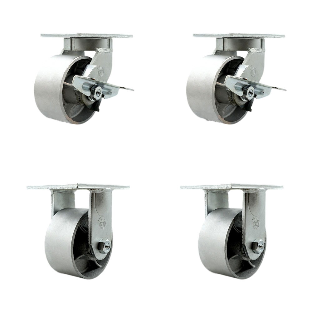 Extra Heavy Duty 6” x 3” Semi Steel Cast Iron Swivel Caster Set for Cranes, Gantries, Hoists, and Winches-2 Swivel with Side Lock Brakes and 2 Rigid-2,500lbs Per Caster-Set of 4- Service Caster Brand — photo 1