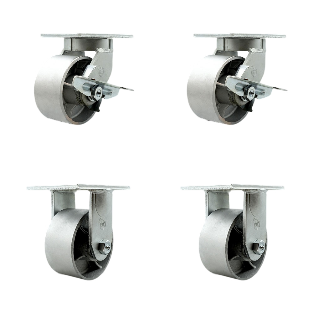 6 Inch Swivel Top Plate Caster Set Extra Heavy Duty Casters with Semi Steel Cast Iron Wheels - Includes 2 Swivel with Brakes and Bolt on Swivel Locks and 2 Rigid - Set of 4 - Service Caster Brand — photo 1