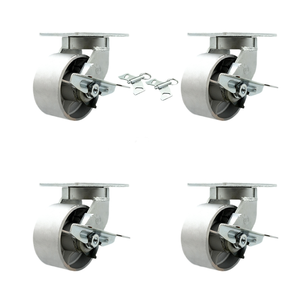 6 Inch Swivel Top Plate Caster Set Extra Heavy Duty Casters with Semi Steel Cast Iron Wheels-Includes 2 Swivel with Brake and Bolt on Swivel Lock and 2 Swivel with Brake-Set of 4-Service Caster Brand — photo 1