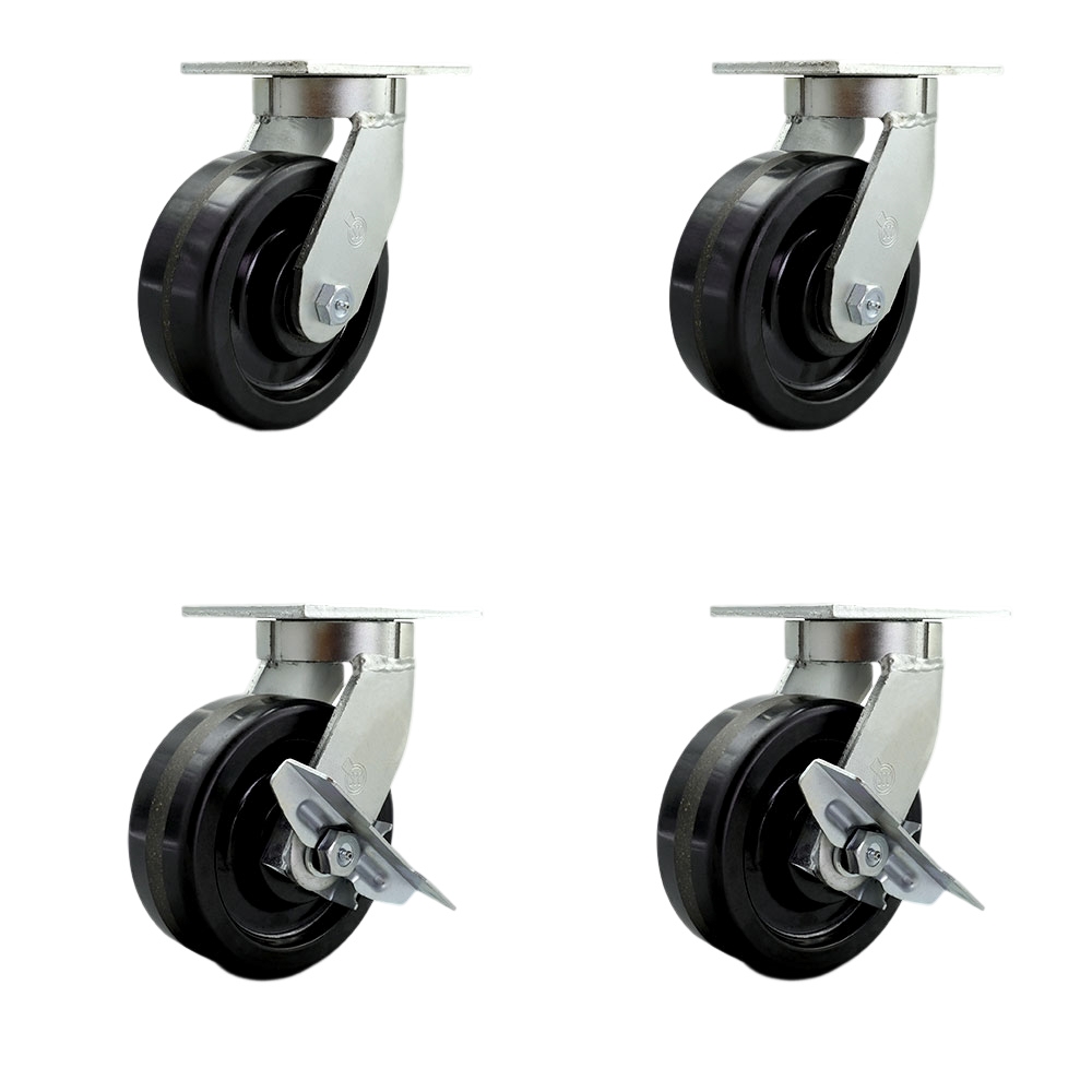 8 Inch Swivel Top Plate Caster Set Extra Heavy Duty Casters with Phenolic Wheels - Includes 2 Swivel with Brakes and 2 Swivel - Casters Set of 4 Heavy Duty - Service Caster Brand — photo 1