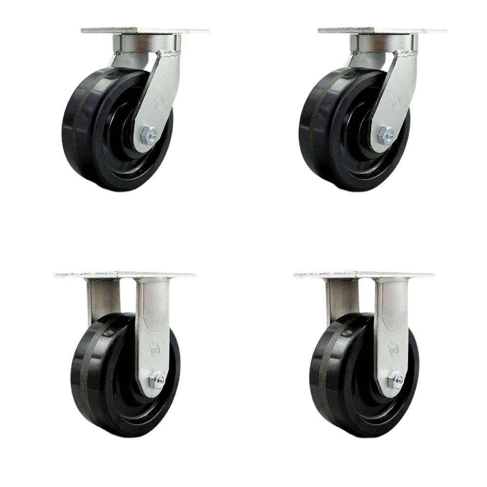 Extra Heavy Duty Kingpinless 8”x3” Phenolic Swivel Caster Set for Cranes,Gantries,Hoists,and Winches-2 Swivel with Bolt-On Locks and 2 Rigid Casters-2,500 lbs Per Caster-Set of 4-Service Caster Brand — photo 1