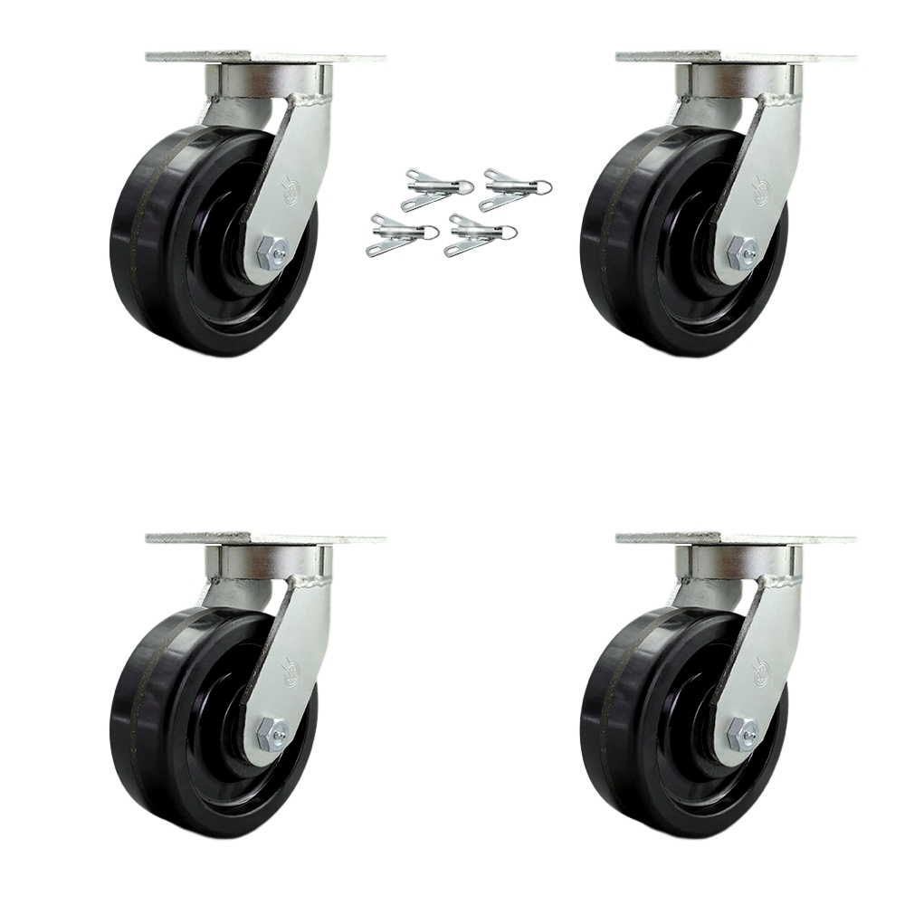 Extra Heavy Duty Kingpinless 8” x 3” Phenolic Swivel Caster Set for Cranes, Gantries, Hoists, and Winches - 4 Swivel Casters with Bolt-On Locks - 2,500 lbs Per Caster – Set of 4- Service Caster Brand — photo 1