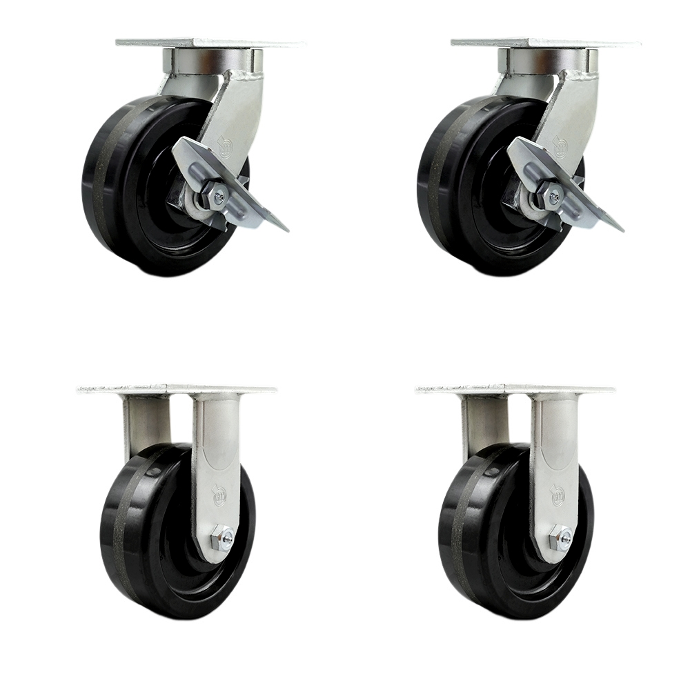 Extra Heavy Duty Kingpinless 8” x 3” Swivel Caster Set for Cranes, Gantries, Hoists, and Winches - 2 with Brake and Swivel Lock/2 Rigid - 2,500 lbs Per Caster - Set of 4 - Service Caster Brand — photo 1
