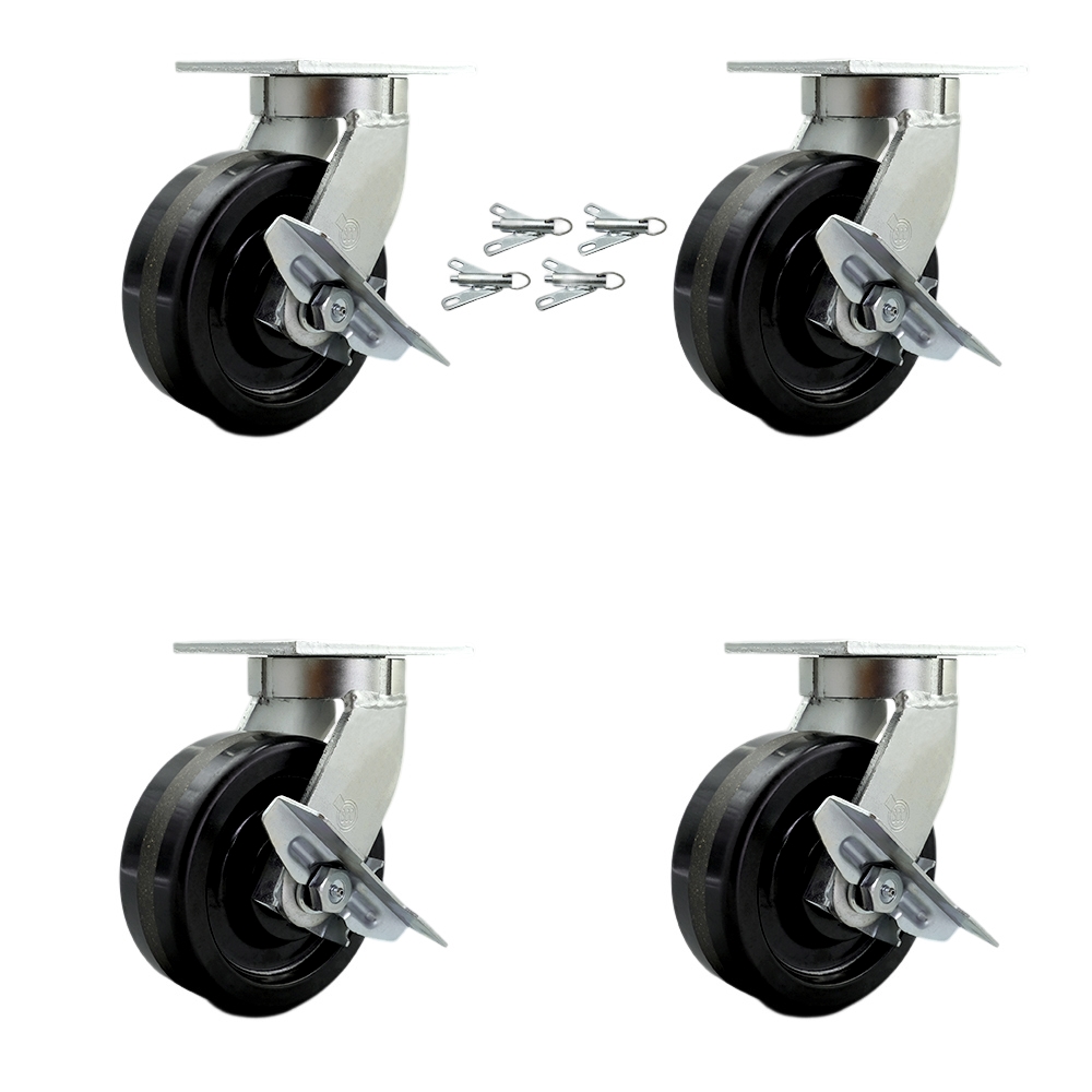 Extra Heavy Duty 8” x 3” Phenolic Swivel Caster Set for Cranes, Gantries, Hoists, and Winches - 4 Swivel Casters with Brakes and Bolt-On Locks-2,500 lbs Per Caster – Set of 4 - Service Caster Brand — photo 1