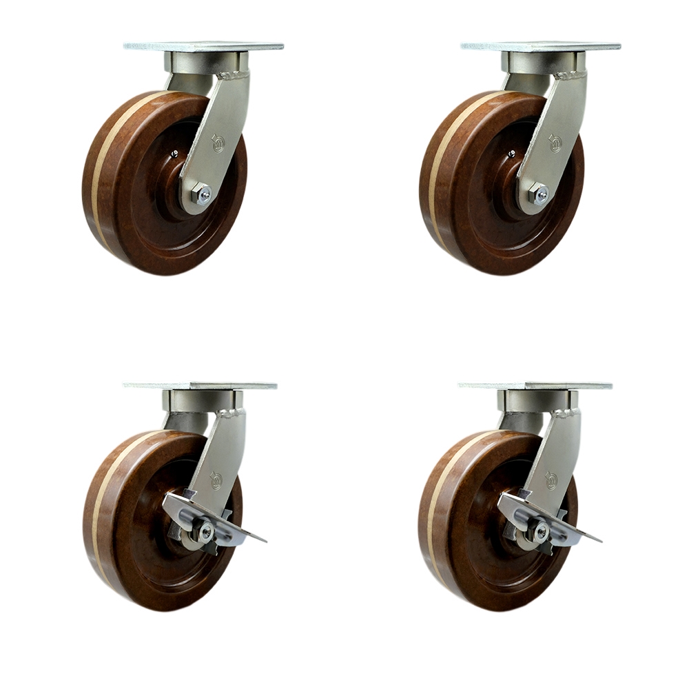 Extra Heavy Duty Kingpinless 8” x 3” High Temp Phenolic Swivel Caster Set for Cranes, Gantries, Hoists, and Winches-4 Swivel with 2 Side Lock Brakes-2,500 lbs Per Caster–Set of 4-Service Caster Brand — photo 1