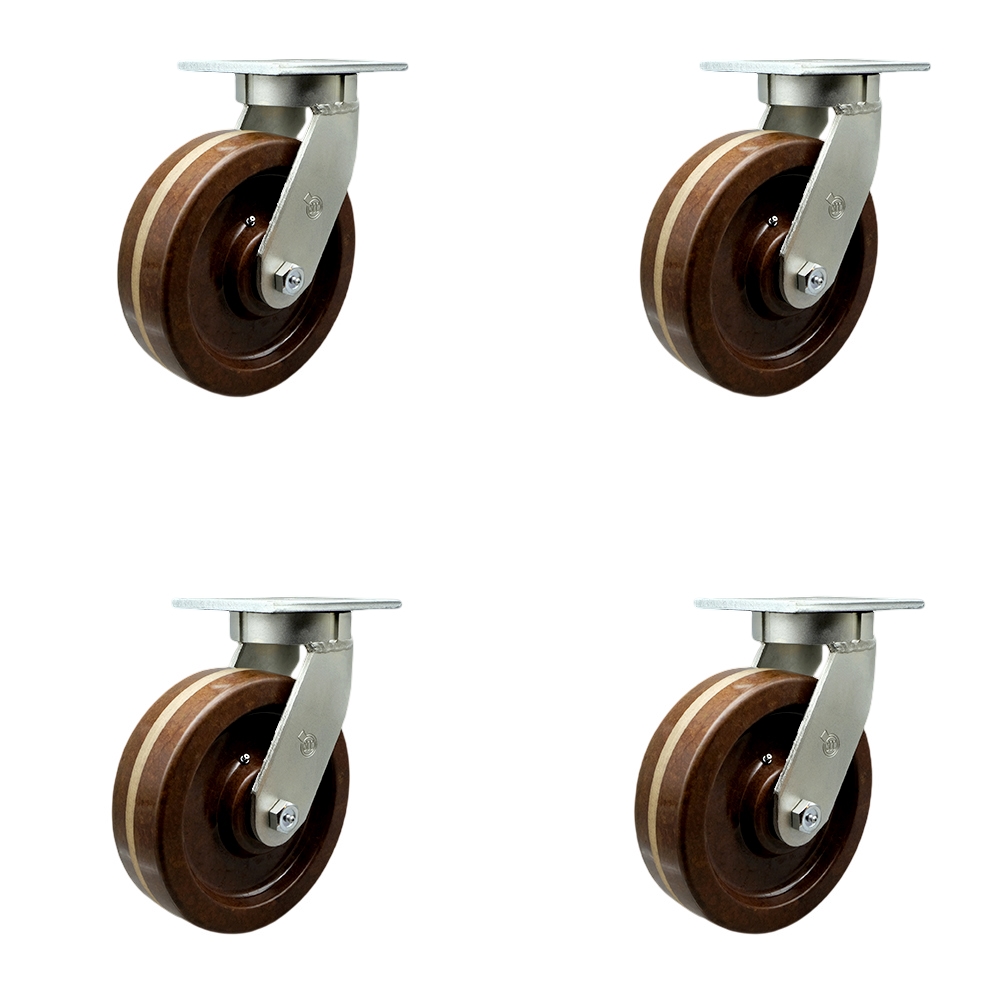 8 Inch Swivel Top Plate Caster Set Extra Heavy Duty Casters with High Temperature Phenolic Wheels - Includes 4 Swivel - Casters Set of 4 Heavy Duty - 10,000 lbs. Total Capacity - Service Caster Brand — photo 1