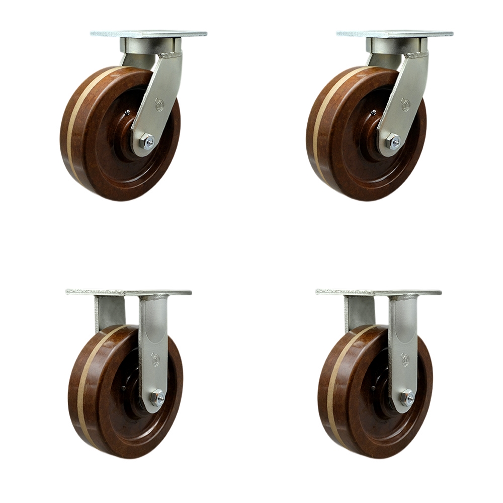 8 Inch Swivel Top Plate Caster Set Extra Heavy Duty Casters with High Temp Phenolic Wheels - Includes 2 Swivel with Bolt on Swivel Locks and 2 Rigid-Casters Set of 4 Heavy Duty - Service Caster Brand — photo 1