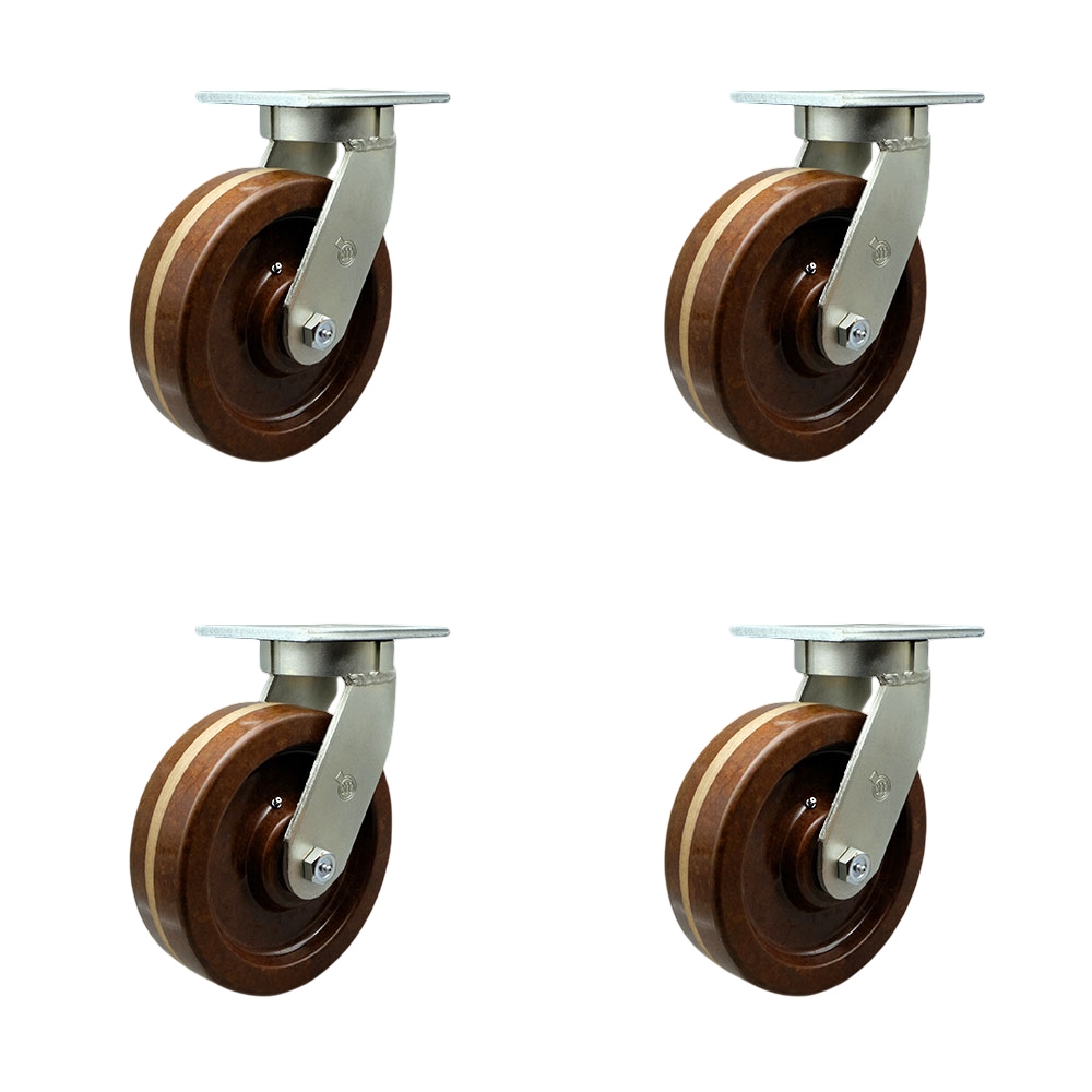 Extra Heavy Duty 8” x 3” High Temp Phenolic Swivel Caster Set for Cranes, Gantries, Hoists, and Winches-4 Swivel with 2 Bolt on Swivel Lock Brakes-2,500 lbs Per Caster–Set of 4-Service Caster Brand — photo 1