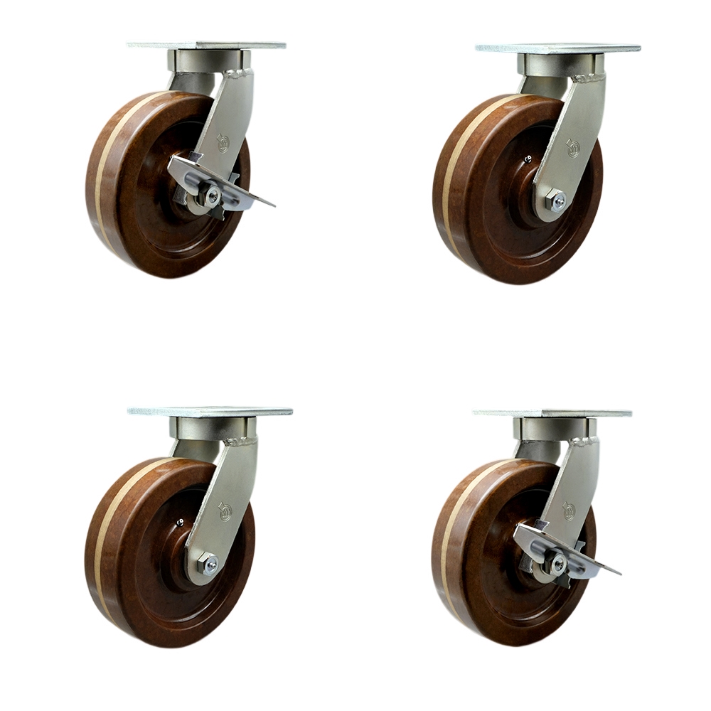 Extra Heavy Duty 8”x3” High Temp Phenolic Swivel Caster Set for Cranes, Gantries, Hoists, and Winches–2 with Swivel Locks and 2 with Side Lock Brake-2,500 lbs Per Caster–Set of 4-Service Caster Brand — photo 1