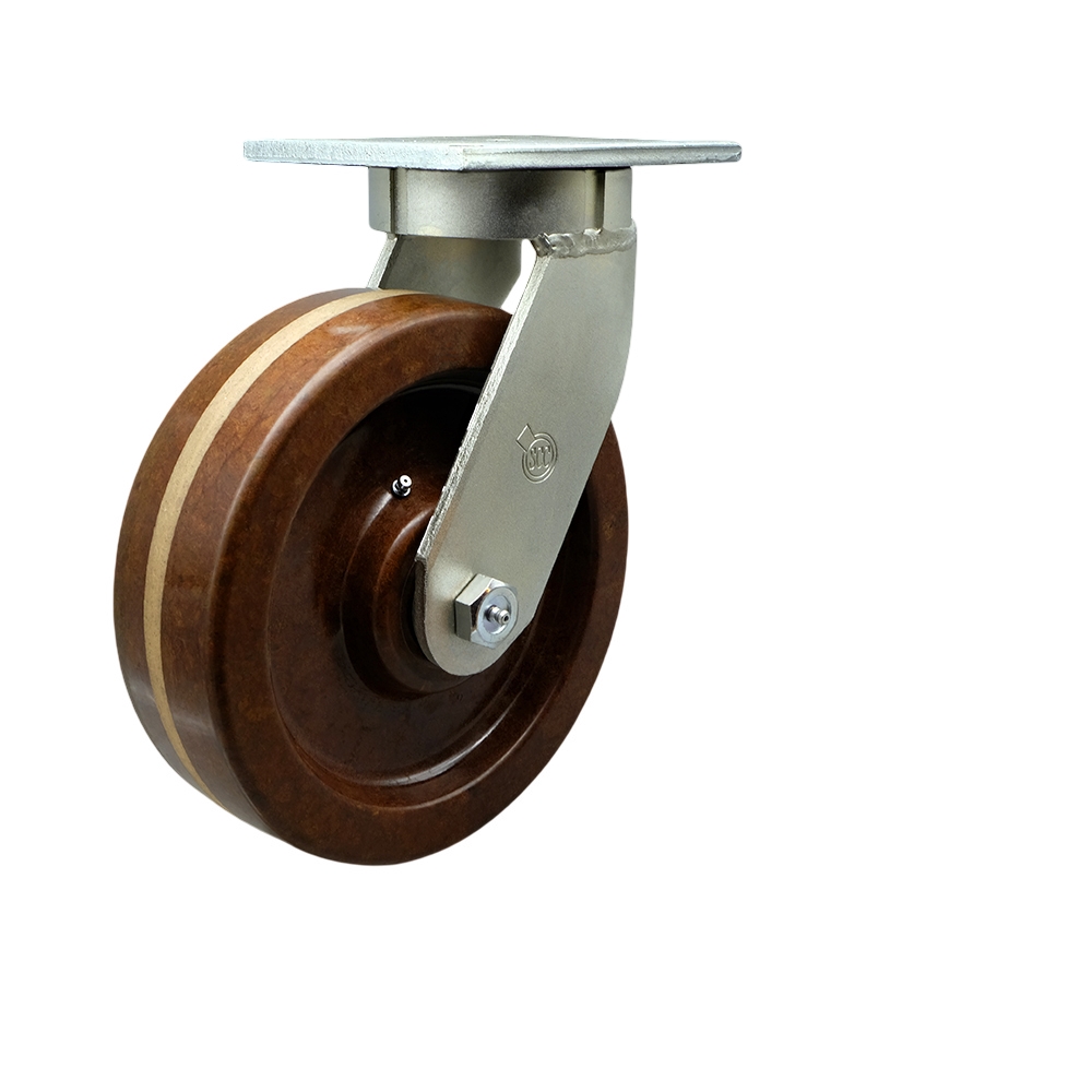 Extra Heavy Duty Kingpinless 8” x 3” High Temperature Phenolic Swivel Caster with Bolt on Swivel Lock for Cranes, Gantries, Hoists, and Winches - 2,500 lbs Per Caster - Service Caster Brand — photo 1