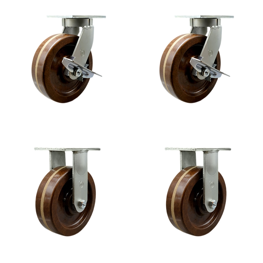Extra Heavy Duty 8”x3” High Temp Phenolic Swivel Caster Set for Cranes,Gantries,Hoists,and Winches-2 Swivel with Side Lock Brakes and 2 Rigid Casters-2,500lbs Per Caster-Set of 4-Service Caster Brand — photo 1