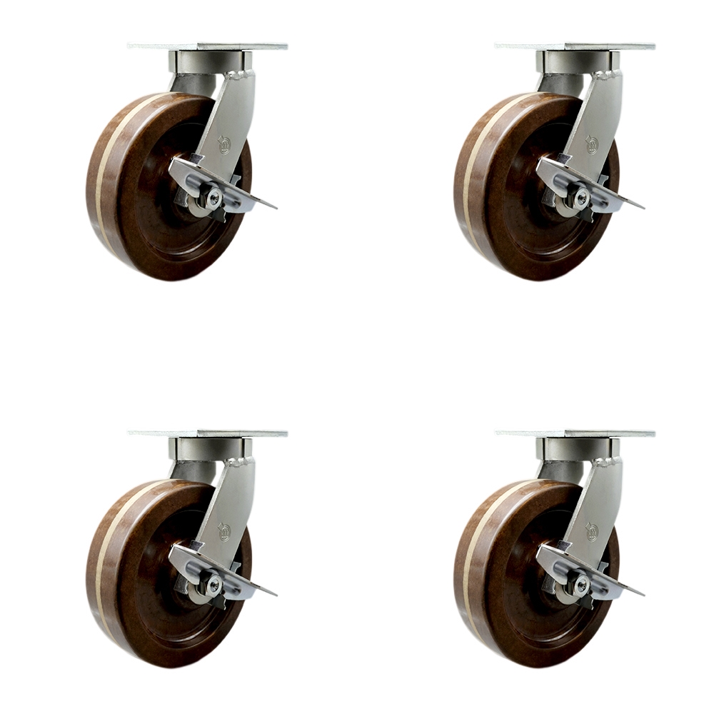 8 Inch Swivel Top Plate Caster Set Extra Heavy Duty Casters with High Temperature Phenolic Wheels - Includes 4 Swivel with Side Lock Brakes - Casters Set of 4 Heavy Duty - Service Caster Brand — photo 1